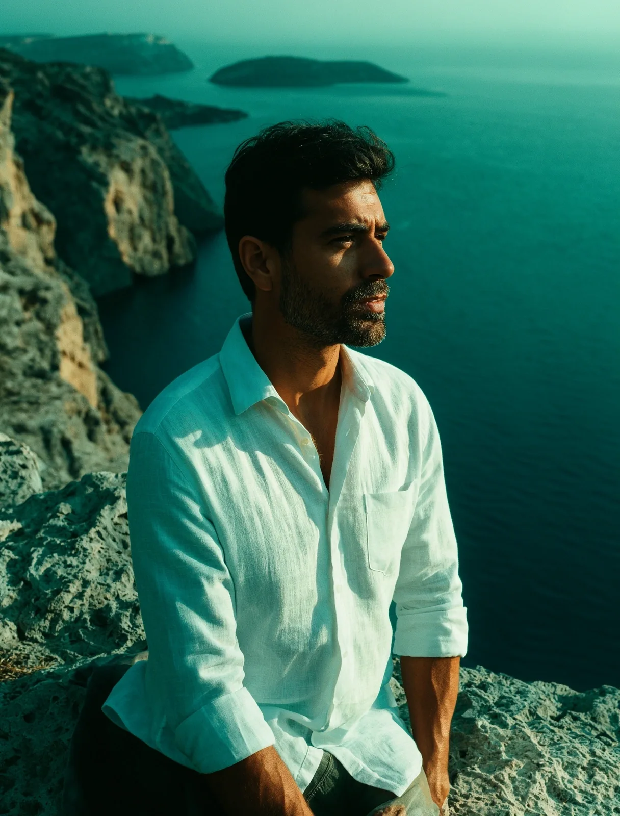 Coach standing amidst the architectural landscape of the Aegean coast