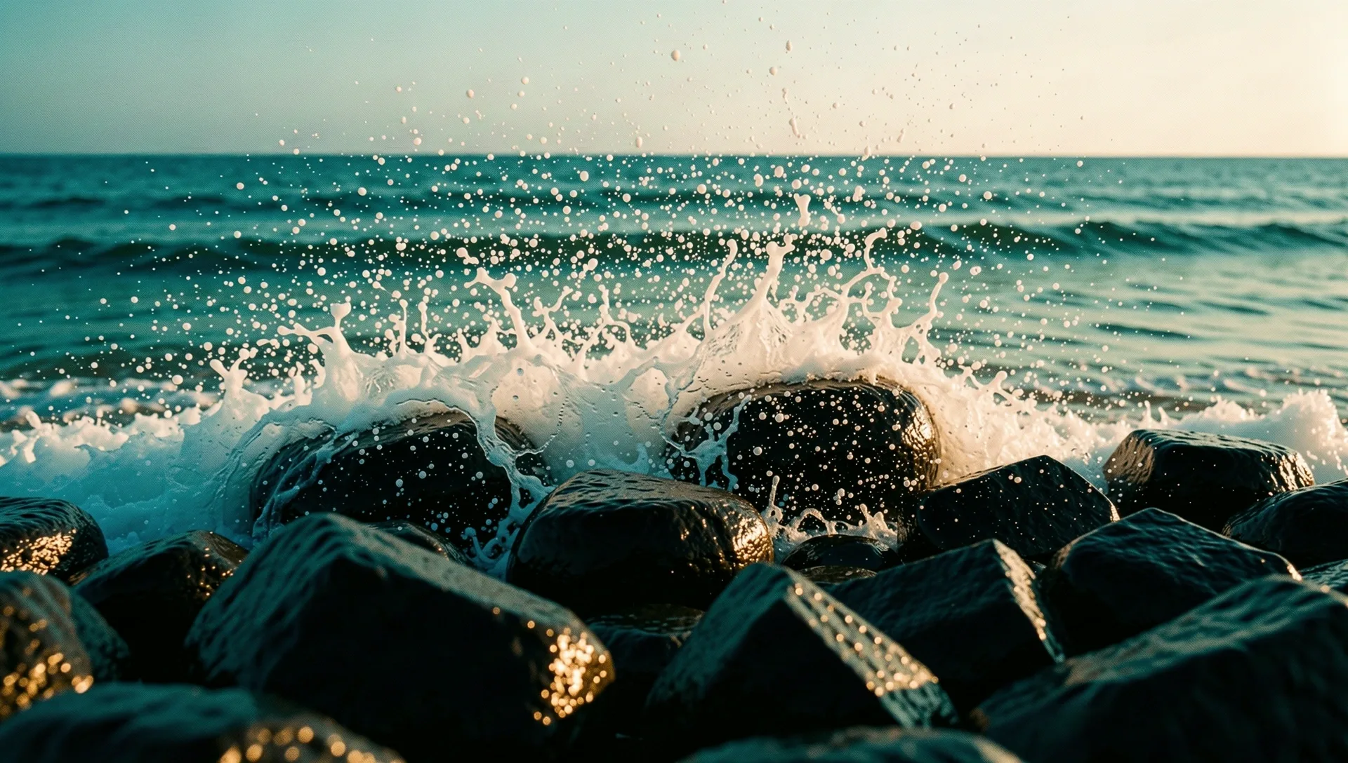 Aegean sea spray on dark stone